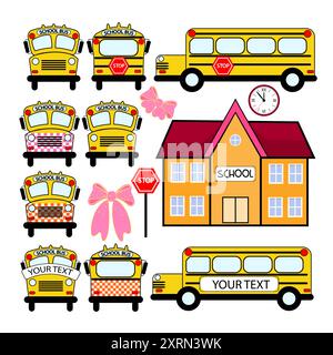 Bande dessinée autobus scolaire couleur jaune sur un fond blanc. École. Arc rose. Illustration de Vecteur