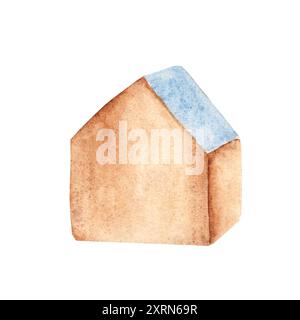 Jouet éco pour bébé garçon. Cube en bois, maison avec un toit bleu. Illustration dessinée à la main à l'aquarelle isolée sur fond blanc. Clip art pour les articles pour enfants, enfants Banque D'Images