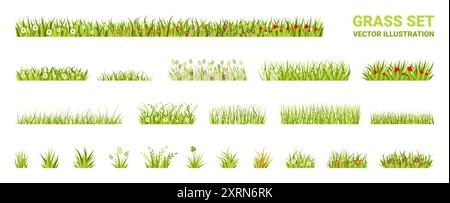 Herbe de dessin animé. Plantes de jardin de printemps avec de minuscules fleurs, champ ou motif de jardin d'herbes. Paysage naturel d'été, dessin floral. Bordures décoratives et m Illustration de Vecteur