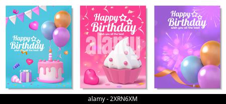 Cartes d'anniversaire. Gâteau de voeux joyeux, cadeau d'anniversaire pour la fête de mariage d'amour rose, confettis et dessert. eléments de rendu brillant 3d. Ensemble festival d'invitation de fête. Fond de félicitations vectoriel Illustration de Vecteur