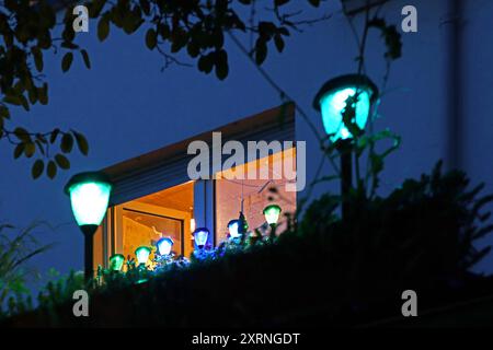 LED-Laternenlicht im Garten Kleine LED-Laternen mit einer Solarzelle an einem Haus, während das Sonnenlicht die Energie für das nächtliche Licht speichert. *** Lanterne LED dans le jardin petites lanternes LED avec une cellule solaire sur une maison, tandis que la lumière du soleil stocke l'énergie pour la veilleuse Banque D'Images