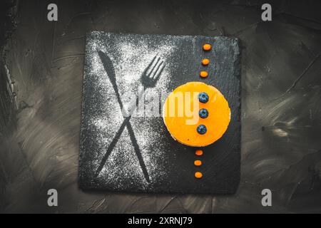 Dessert en couches : gelée d'argousier ou de mangue, crème au fromage cottage, gâteau éponge au chocolat. Gâteau sur un panneau de mica noir sur un fond noir. Beauti Banque D'Images