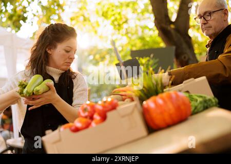 Les agriculteurs caucasiens mettent des fruits et légumes cultivés localement sur le stand greenmarket, prêts à vendre à des clients sains. Les stands de foire de la ferme de produits biologiques frais sont mis en place par des vendeurs. Banque D'Images