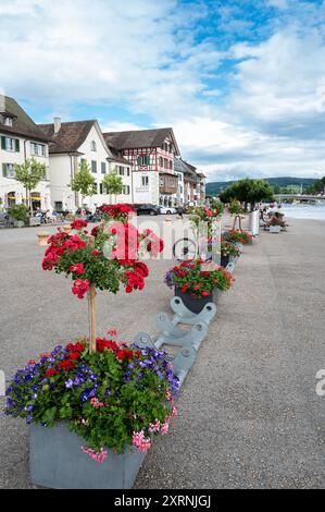 Stein am Rhein, Suisse - 4 juillet 2024 : Stein am Rhein est une ville pittoresque de Suisse connue pour sa vieille ville médiévale bien conservée, Half-t Banque D'Images