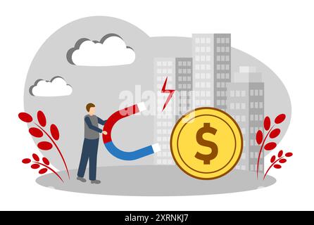 Aimant d'argent. Un homme d'affaires avec un aimant attire l'argent Illustration de Vecteur