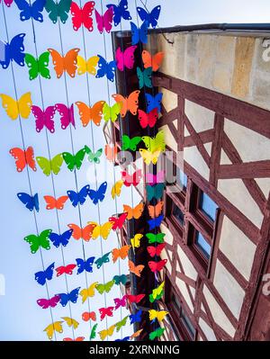 Scène extérieure estivale festive à Montlucon, France, avec des fleurs suspendues colorées. Banque D'Images