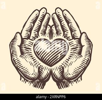 Mains pliées ensemble tenant le cœur. Style de gravure d'illustration vectorielle d'esquisse dessinée à la main Illustration de Vecteur
