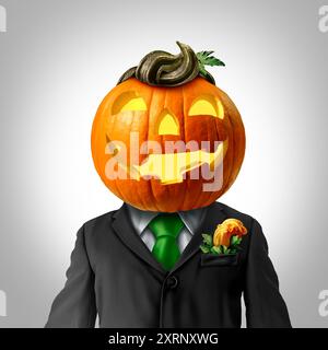 Personnage drôle de tête de citrouille comme une personne illuminée jack-o-lanterne vêtue d'un costume représentant Halloween et festive festival de moisson d'automne A. Banque D'Images