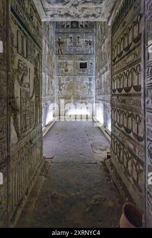 Bas reliefs sur les murs de l'une des 12 cryptes souterraines du temple Hathor dans le complexe du temple Dendera Banque D'Images