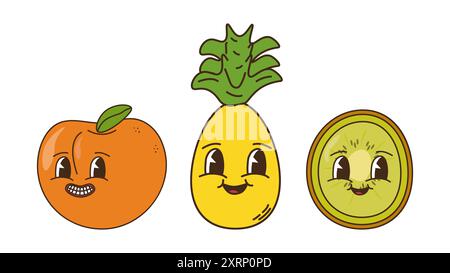 Fruits et baies dans un ensemble de style groovy. Personnages rétro tendance, mascotte comique. Ananas orange et kiwi. Affiche de bannière de conception. Y2K hippie 70s, 80s. Illustration vectorielle. Illustration de Vecteur