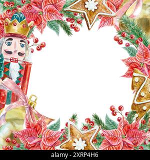 Casse-noisettes, cadre poinsettia, carré. Branches de sapin, biscuits au gingembre. Fleurs de Noël. Illustration aquarelle. Cartes de nouvel an, invitations, étiquettes. Banque D'Images