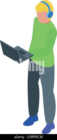 Un jeune homme isométrique portant des écouteurs travaille sur un ordinateur portable Illustration de Vecteur