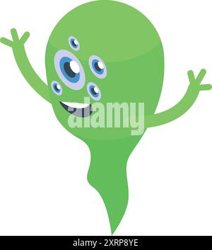 Monstre de dessin animé avec plusieurs yeux agite ses mains avec un sourire Illustration de Vecteur