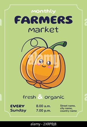Farmers Market Flyer avec le personnage Kawaii Pumpkin. Affiche de style manga. Conception plate. Affiche publicitaire, carte, bannière, dépliant. Concept de marché agricole Illustration de Vecteur