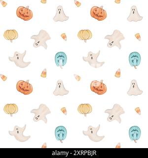 Modèle sans couture avec citrouilles d'Halloween, bonbons et fantôme Banque D'Images