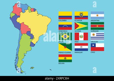 Carte colorée de l'Amérique du Sud avec drapeaux de pays Vector Art Illustration de Vecteur