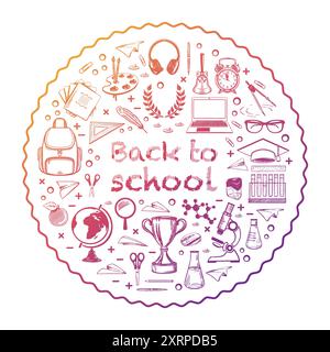 Bannière de retour à l'école. Esquissez un dessin stylisé avec de la craie sur un tableau noir. Fournitures scolaires, papeterie. Dans une composition de cercle avec espace de copie dans th Illustration de Vecteur