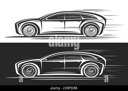 Logo vectoriel pour la voiture Station Wagon, bannières décoratives automobiles avec illustration de contour de la voiture à moteur monochrome en mouvement, station de course d'art de ligne Illustration de Vecteur