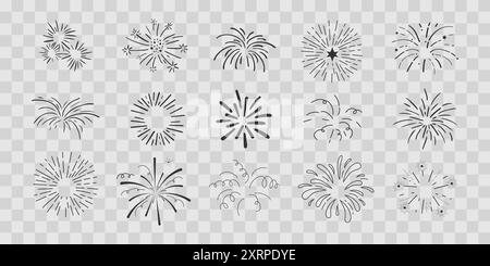 Set feux d'artifice radial Doodle ligne cercle d'explosion scintillant avec des rayons, pétards dessinés à la main décoration simple et ronde isolée sur fond transprent. Illustration vectorielle Illustration de Vecteur