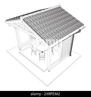 Contour du belvédère. Silhouette linéaire de contour noir. Contour d'une maison d'été avec des bancs, une table et un toit. Illustration vectorielle. 3D.. Illustration de Vecteur