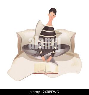 Une jeune fille réfléchie avec les cheveux foncés et une coiffure élégante dans une chemise rayée et des leggings se trouve dans la position du lotus. Une femme lit un livre en papier. A Banque D'Images