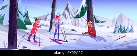 Teen Guy en skis avec des bâtons tombent dans la dérive de neige. Vecteur de dessin animé danger activité de vacances d'hiver sur les montagnes enneigées avec des arbres dans la forêt. Adolescent garçon dans la tenue chute dans la pente descendante. Illustration de Vecteur