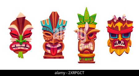 Collection traditionnelle de masque totem tiki hawaïen. Ensemble d'illustration vectorielle de dessin animé de la tête de statue de culture tribale en bois avec des décorations de feuilles tropicales. Affrontez les émotions avec les yeux, les dents et la langue. Illustration de Vecteur