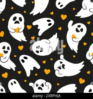 Motif sans couture d'Halloween avec de mignons petits fantômes. Fantômes blancs sur fond orange. Modèle pour tissu, papier, textile, conception de cartes Illustration de Vecteur