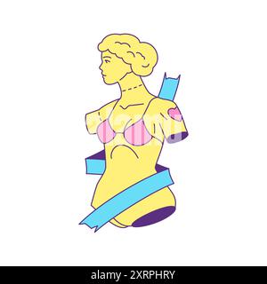 Y2K sculpture de femme grecque psychédélique avec bande contemporaine pop art icône illustration plate vectorielle. Monument antique de gypse de corps de déesse féminine romaine Illustration de Vecteur