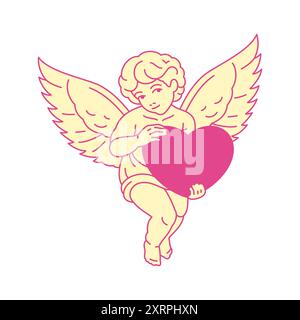 Y2K rose romantique bébé ange garçon avec coeur contemporain pop art icône vecteur plat illustration. Cupidon mignon ciel ailé personnage de dessin animé amour amour Illustration de Vecteur