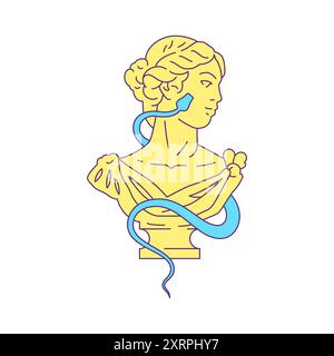 Y2K grec antique femme buste déesse avec serpent contemporain pop art icône vecteur plat illustration. Monument historique gypse antique romain femelle me Illustration de Vecteur