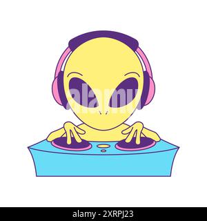 Y2K futuriste Alien DJ jouant de la musique vinyle à la fête contemporaine pop art icône vecteur plat illustration. Science fiction UFO humanoïde disc jockey deej Illustration de Vecteur