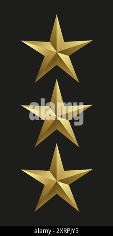 Ensemble de trois étoiles d'or réalistes dans les prix de luxe 3D métal. Marques dorées brillantes et symboles d'avis. Badges métalliques ensemble de vecteur de meilleure qualité, illustr Illustration de Vecteur