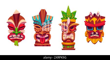 Collection traditionnelle de masque totem tiki hawaïen. Ensemble d'illustration vectorielle de dessin animé de la tête de statue de culture tribale en bois avec des décorations de feuilles tropicales. Affrontez les émotions avec les yeux, les dents et la langue. Illustration de Vecteur