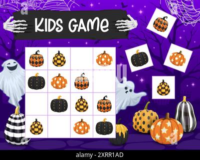 Citrouilles à motifs d'Halloween dans la feuille de calcul de vecteur de jeu d'enfants de sudoku. Blocs de puzzle avec des citrouilles orange noir de vacances d'horreur sur fond d'Halloween avec esprit Illustration de Vecteur