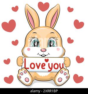 Mignon dessin animé bébé lapin avec Love You bannière. Illustration vectorielle d'animaux sur fond blanc avec des coeurs rouges. Illustration de Vecteur