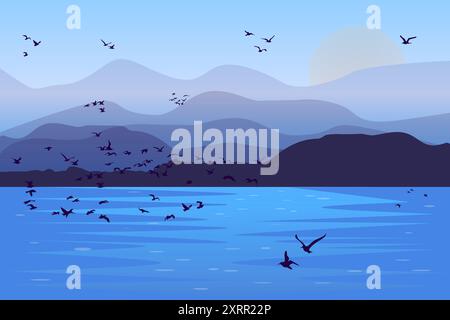 Paysage avec coucher de soleil, collines et oiseaux. Un troupeau d'oiseaux vole à travers le ciel. Fond de nature avec coucher du soleil. Paysage, montagne, oiseaux et lever du soleil Illustration de Vecteur