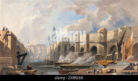 Peinture de l'ancien et du nouveau pont de Londres en construction par l'artiste Edward William Cooke Banque D'Images