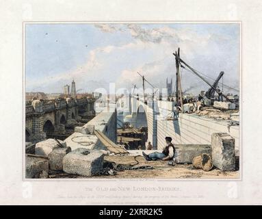 Gravure à l'aquarelle de l'ancien et du nouveau London Bridge en construction par l'artiste Edward William Cooke Banque D'Images