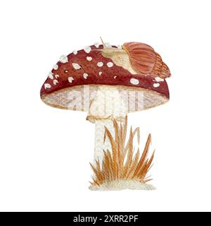 Champignon sauvage rouge agarique à la mouche et composition aquarelle texturée d'escargot isolé sur blanc. Style forêt d'automne dessiné à la main clip art pour les enfants Banque D'Images