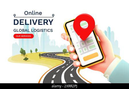 Livraison en ligne logistique globale sur mobile, livraison en ville. Vecteur Illustration de Vecteur