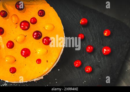 Un gâteau ou un dessert à base de gelée de mangue ou d'argousier, recouvert de crème au fromage cottage et de biscuits au chocolat, décoré d'airelles et de poudre Banque D'Images