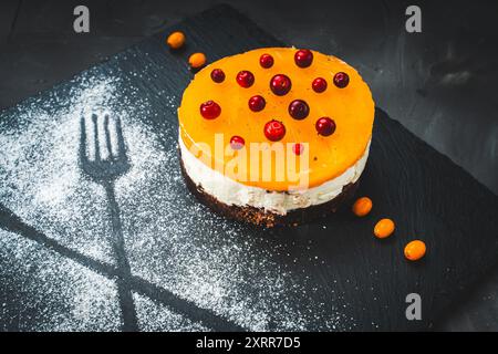 Un gâteau ou un dessert à base de gelée de mangue ou d'argousier, recouvert de crème au fromage cottage et de biscuits au chocolat, décoré d'airelles et de poudre Banque D'Images