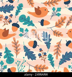 Modèle sans couture avec feuilles d'automne, glands et oiseaux Illustration de Vecteur