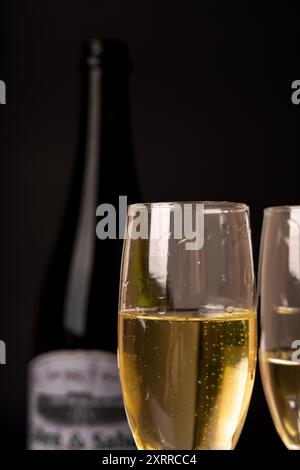 Bouteille de champagne avec deux verres pleins de bulles, capturés verticalement sur un fond noir. Idéal pour Noël, le nouvel an et les thèmes de fête. Banque D'Images