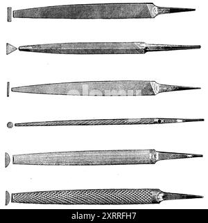 Types de limes, de haut en bas : grand cône plat ; cône triangulaire ou triangulaire ; petit cône plat ou en bas ; queue ronde ou en forme de rat ; cône demi-rond ; râpe demi-ronde. Cette photographie est tirée d'une large sélection d'illustrations et de photos d'ingénierie principalement non attribuées qui ont été publiées à l'origine en 1936. Les tailles et la qualité des originaux varient assez largement. Banque D'Images