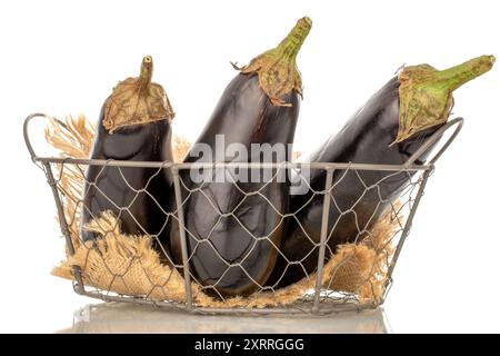 Trois aubergines mûres dans un panier, macro, isolées sur fond blanc. Banque D'Images