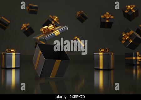 Beaucoup de boîtes cadeaux noires avec des noeuds dorés. illustration 3d. Banque D'Images