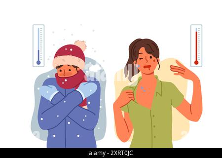 Les conditions météorologiques extrêmes causent des problèmes aux personnes souffrant du froid hivernal et de la chaleur estivale Illustration de Vecteur