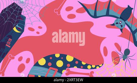 Un fond de célébration d'Halloween avec un cercueil, un sorcier et des fantômes de chauves-souris et d'araignées. Illustration de Vecteur